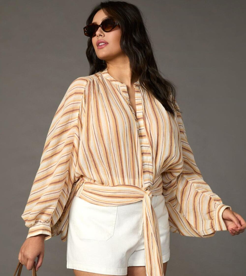Anthropologie Top Womens M Yellow Striped Tie Front Blouse Neutral Motif Smocked